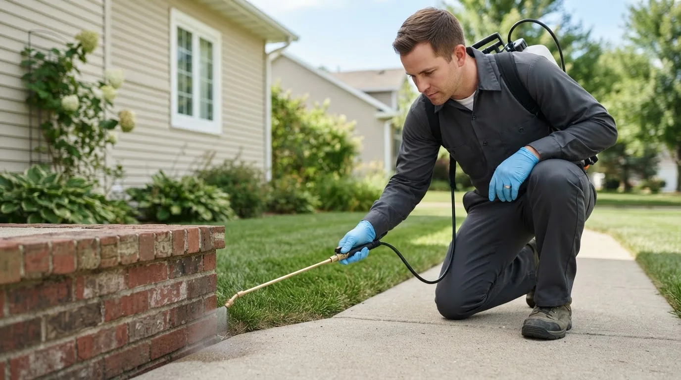 Pest control technician treating a home near Rossville, GA